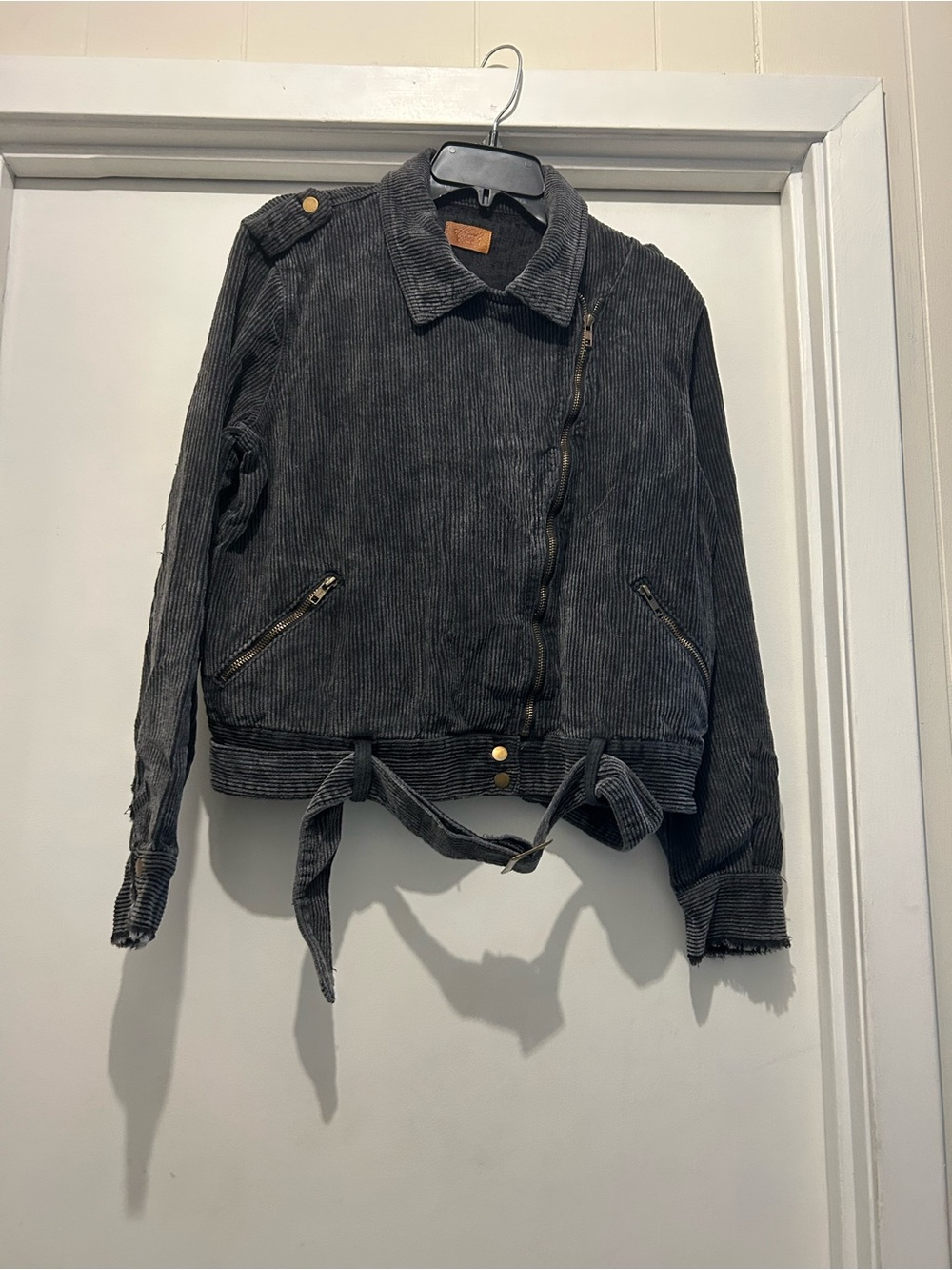 Black Corduroy Moto-Style Bomber Jacket with Waist Tie